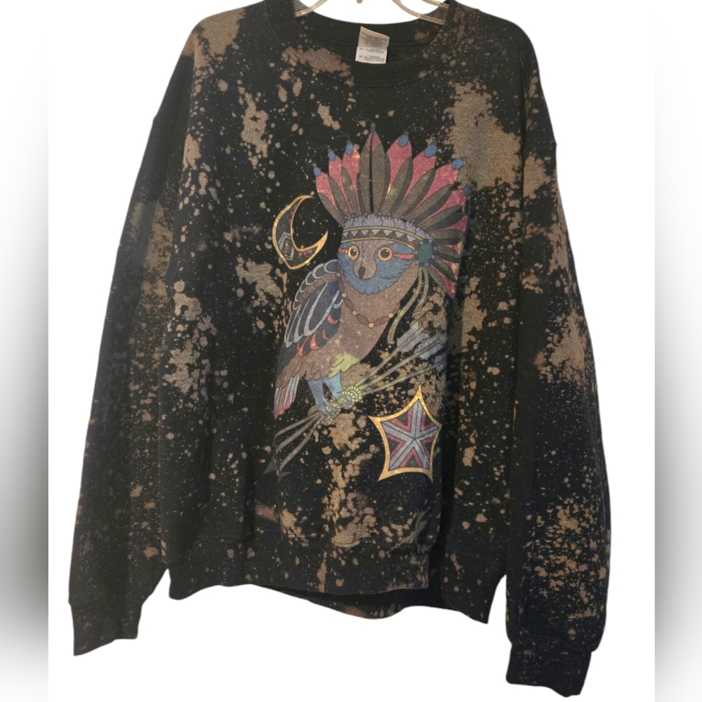 Vtg Black Bleached Style Gildan Sweatshirt Warrior Owl Design Adult Unisex Med